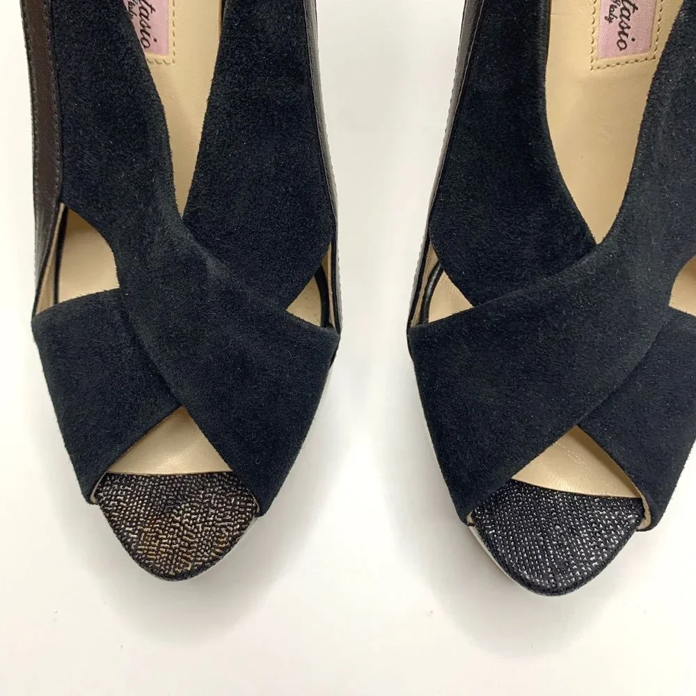 ANGELEIGH ANASTASIO Black Leather Peep Toe Platform Stiletto Sz‎ 8